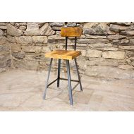 The Strong Oaks Wood Shop The Brewster Bar Stool | Reclaimed Wood | Hand Made | Industrial Base | Back Rest | Free Shipping