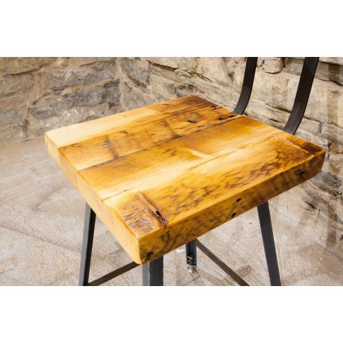  The Strong Oaks Wood Shop The Brewster Bar Stool | Reclaimed Wood | Hand Made | Industrial Base | Back Rest | Free Shipping