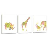Kularoux Nursery Art Decor, Rhino Art, Giraffe Painting, Baby Elephant Art, Watercolor Art, Set of Three Limited Edition Gallery Wrapped Canvases