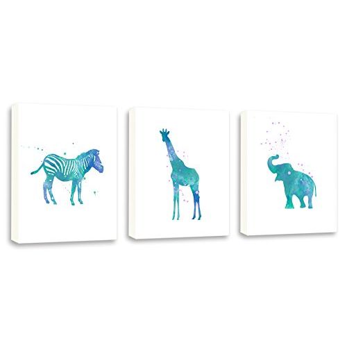  Kularoux Giraffe Art, Zebra Painting, Baby Elephant Art, Nursery Wall Art, Set of Three Limited Edition Gallery Wrapped Canvases