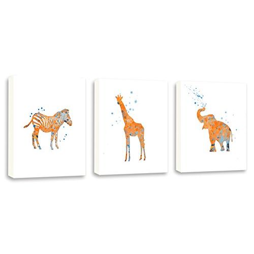  Kularoux Orange Safari Art, Elephant Watercolor Painting, Giraffe Art, Zebra art, Set of Three Limited Edition Gallery Wrapped Canvases