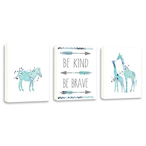  Kularoux Be Kind Be Brave, Watercolor Wall Art, Contemporary Giraffe, Zebra Art, Set of Three Limited Edition Gallery Wrapped Canvases