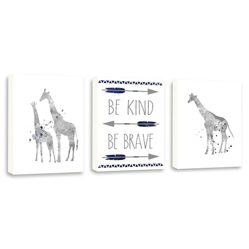  Kularoux Be Kind Be Brave, Navy Blue And Gray, Giraffe Wall Art, Art For Children, Set of Three Limited Edition Gallery Wrapped Canvases