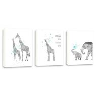 Kularoux Gray And Teal Watercolor, Giraffe Painting, Baby Elephant, Dream Big Little One, Set of Three Limited Edition Gallery Wrapped Canvases