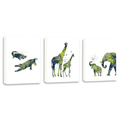  Kularoux Gator Wall Art, Boys Room Wall Art, Lime Green And Navy Blue, Giraffe, Elephant, Set of Three Limited Edition Gallery Wrapped Canvases
