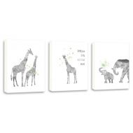 Kularoux Elephant Art, Giraffe Art, Dream Big Little One, Gray And Green, Set of Three Limited Edition Gallery Wrapped Canvases