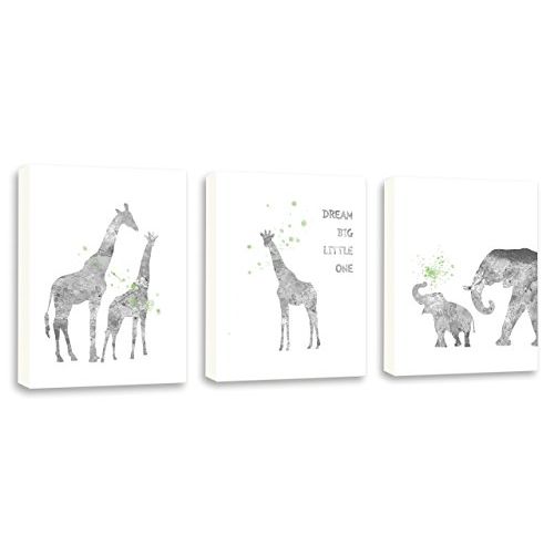  Kularoux Elephant Art, Giraffe Art, Dream Big Little One, Gray And Green, Set of Three Limited Edition Gallery Wrapped Canvases