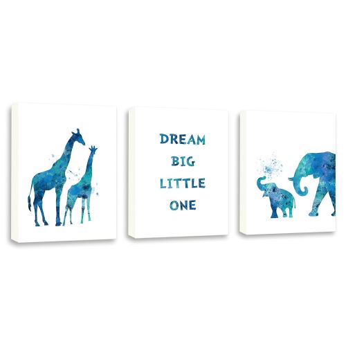  Kularoux Baby Giraffe, Baby Elephant, Nursery Watercolor Wall Art, Set of Three Limited Edition Gallery Wrapped Canvases