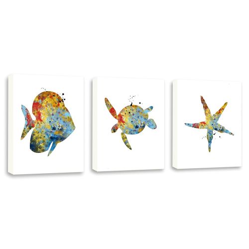  Kularoux Bathroom Wall Art, Watercolor Sea Turtle, Fish Art, Starfish Painting, Stafish decor, Set Of Three Limited Edition Gallery Wrapped Canvases