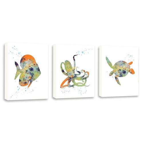  Kularoux Watercolor Art, Fish Art, Sea Turtle, Octopus, Art For Bathroom, Nautical Wall Art, Set Of Three Limited Edition Gallery Wrapped Canvases