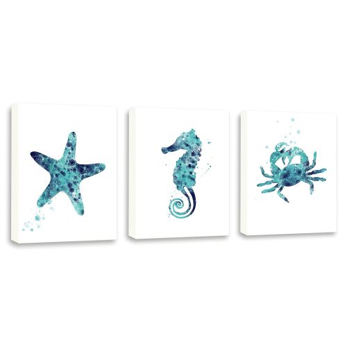  Kularoux Seahorse Art, Nautical Painting, Watercolor Crab, Bathroom Art, Stafrish Art, Set Of Three Limited Edition Gallery Wrapped Canvases