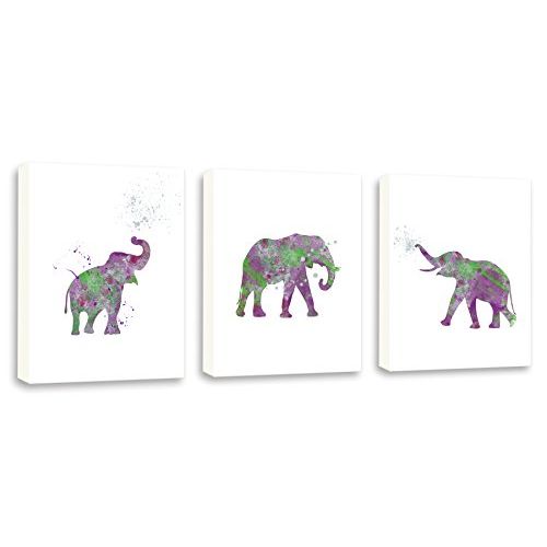  Kularoux Elephant Art, Watercolor Painting, Animal Art, Nursery Wall Art, Set of Three Limited Edition Gallery Wrapped Canvases