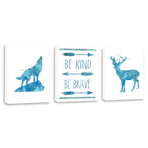  Kularoux Be Kind Be Brave, Quote Wall Art, Wolf art, Stag Watercolor Painting, Set Of Three Limited Edition Gallery Wrapped Canvases