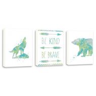 Kularoux Wall Art Quote, Be Kind Be Brave, Bear Wall Art, Wolf Watercolor Painting, Set Of Three Limited Edition Gallery Wrapped Canvases