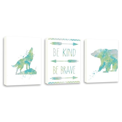  Kularoux Wall Art Quote, Be Kind Be Brave, Bear Wall Art, Wolf Watercolor Painting, Set Of Three Limited Edition Gallery Wrapped Canvases