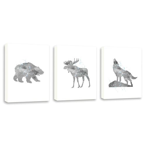  Kularoux Woodland Wall Art, Wall Art For Children, Moose Art, Watercolor Bear, Wolf Decor, Set Of Three Limited Edition Gallery Wrapped Canvases