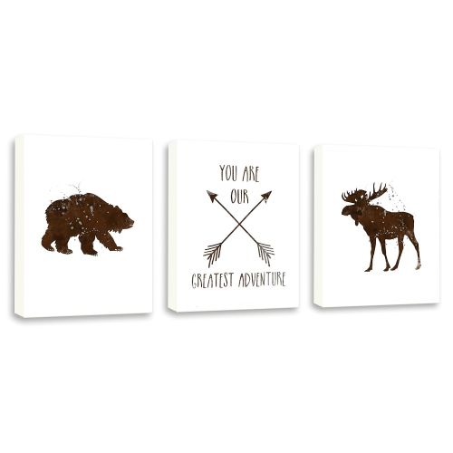  Kularoux Boys Room Art, Woodland Animals, Moose Art, Bear Painting, You Are Our Greatest Adventure, Set Of Three Limited Edition Gallery Wrapped Canvases