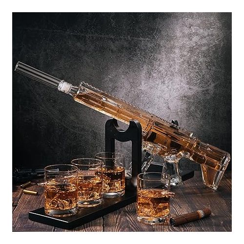  Gifts for Men Dad, Whiskey Decanter Set - Gun AR Limited Edition, Silencer Stopper - 800 ml & 4, 12oz Bullet Glasses - Father Birthday Gift - Drinking Party, Liquor, Vodka Tik Tok Gun Decanter