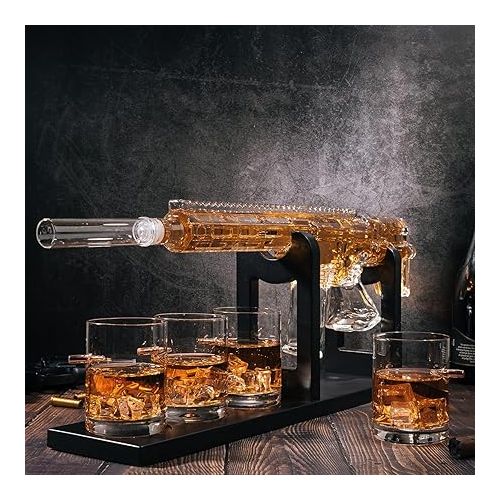  Whiskey Decanter Set - AR Limited Edition, Silencer Stopper - 800 ml & 4 12oz Bullet Glasses - Unique Gift - Drinking Party Accessory, Handmade Gun Liquor Decanter, Tik Tok Gun Decanter Mens Birthday