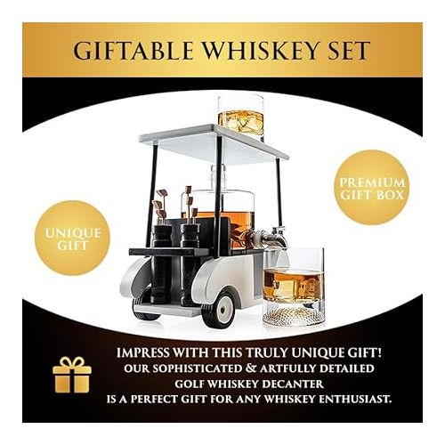  Golf Decanter Whiskey Decanter and 2 Whiskey Glasses - The Wine Savant, Golf Gifts for Both Men & Women, Golf Accessories, Golfer Gifts, Based on A Replica Golf Cart (850ml Decanter - 8 Ounce Glasses)