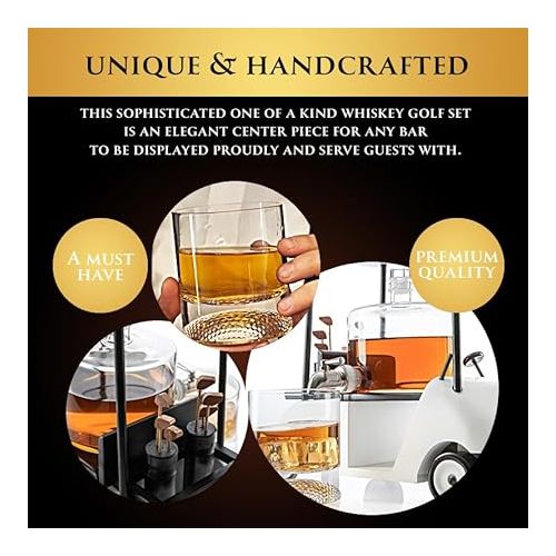  Golf Decanter Whiskey Decanter and 2 Whiskey Glasses - The Wine Savant, Golf Gifts for Both Men & Women, Golf Accessories, Golfer Gifts, Based on A Replica Golf Cart (850ml Decanter - 8 Ounce Glasses)