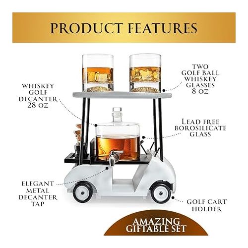  Golf Decanter Whiskey Decanter and 2 Whiskey Glasses - The Wine Savant, Golf Gifts for Both Men & Women, Golf Accessories, Golfer Gifts, Based on A Replica Golf Cart (850ml Decanter - 8 Ounce Glasses)