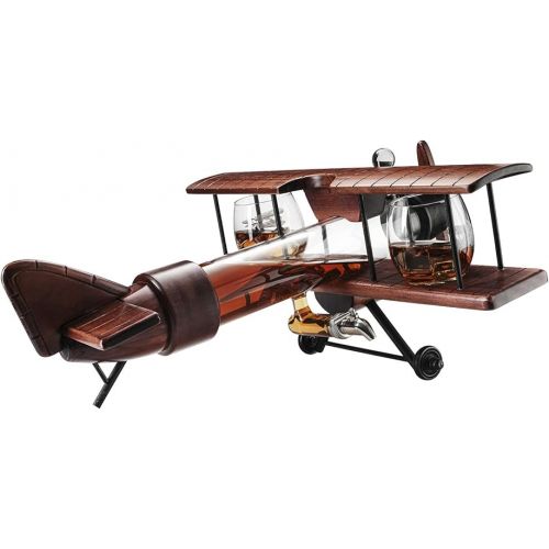  Whiskey & Wine Decanter Airplane Set and Glasses Antique Wood Airplane - The Wine Savant Whiskey Gift Set and 2 Airplane Glasses, Pilot Gift Moving Parts- Alcohol Related Gift, BAR DECOR Large 21