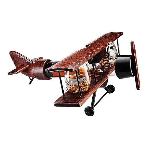  Whiskey & Wine Decanter Airplane Set and Glasses Antique Wood Airplane - The Wine Savant Whiskey Gift Set and 2 Airplane Glasses, Pilot Gift Moving Parts- Alcohol Related Gift, BAR DECOR Large 21