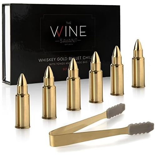  [아마존베스트]Gold Bullet Whiskey Chillers Stones - 1.75in Whiskey Rocks By The Wine Savant Set of 6 - Stainless Steel Bullet Shaped Ice Cubes, Gift Box Come, Tongs and Storage Bag, Whiskey or S