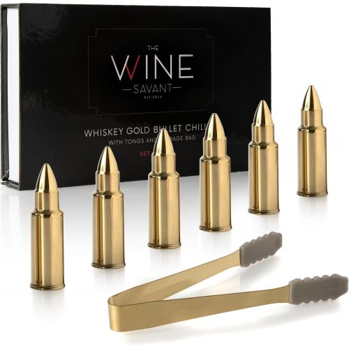  [아마존베스트]Gold Bullet Whiskey Chillers Stones - 1.75in Whiskey Rocks By The Wine Savant Set of 6 - Stainless Steel Bullet Shaped Ice Cubes, Gift Box Come, Tongs and Storage Bag, Whiskey or S