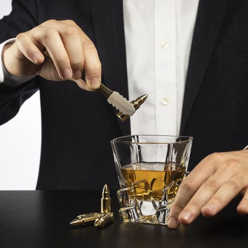  [아마존베스트]Gold Bullet Whiskey Chillers Stones - 1.75in Whiskey Rocks By The Wine Savant Set of 6 - Stainless Steel Bullet Shaped Ice Cubes, Gift Box Come, Tongs and Storage Bag, Whiskey or S