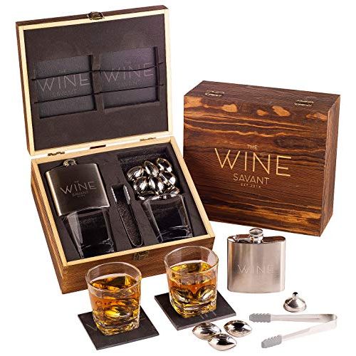  [아마존베스트]The Wine Savant Whiskey Football Stones Gift Set for Men - 1 Whiskey Flask, 2 Whiskey Glasses, 9 Stainless Steel Whiskey Footballs, 2 Coasters, Special Tongs & Freezer Pouch in Pinewood Box