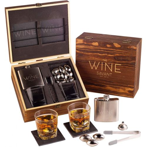  [아마존베스트]The Wine Savant Whiskey Football Stones Gift Set for Men - 1 Whiskey Flask, 2 Whiskey Glasses, 9 Stainless Steel Whiskey Footballs, 2 Coasters, Special Tongs & Freezer Pouch in Pinewood Box