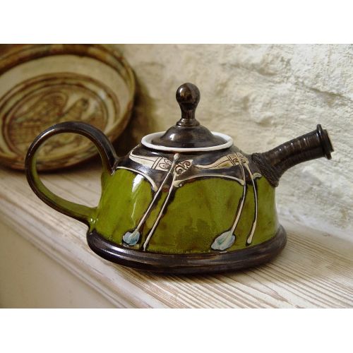  The teapot is wheel thrown on a pottery wheel, th Wheel Thrown Green Pottery Teapot - Impressive Gift - Ceramic Tea Pot - Unique Artistic Pottery - Gift Idea Teapot - Handmade Family Gift: Kitchen & Dining