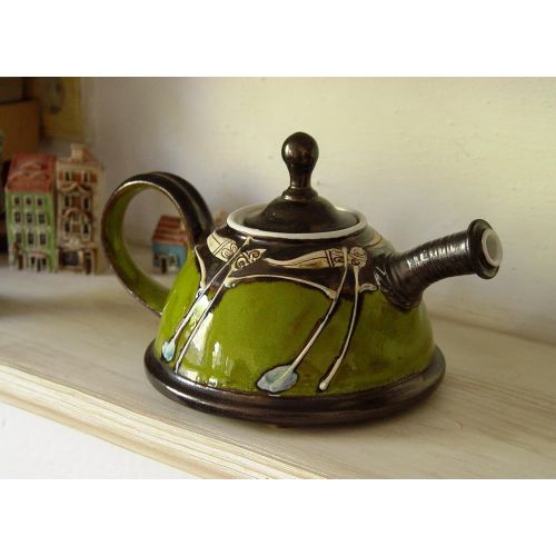  The teapot is wheel thrown on a pottery wheel, th Wheel Thrown Green Pottery Teapot - Impressive Gift - Ceramic Tea Pot - Unique Artistic Pottery - Gift Idea Teapot - Handmade Family Gift: Kitchen & Dining