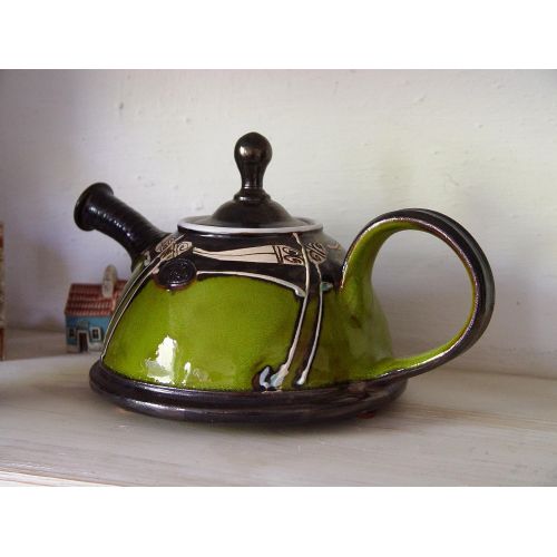  The teapot is wheel thrown on a pottery wheel, th Wheel Thrown Green Pottery Teapot - Impressive Gift - Ceramic Tea Pot - Unique Artistic Pottery - Gift Idea Teapot - Handmade Family Gift: Kitchen & Dining