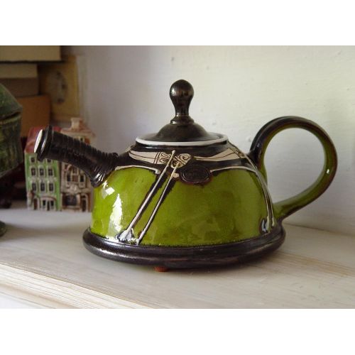  The teapot is wheel thrown on a pottery wheel, th Wheel Thrown Green Pottery Teapot - Impressive Gift - Ceramic Tea Pot - Unique Artistic Pottery - Gift Idea Teapot - Handmade Family Gift: Kitchen & Dining