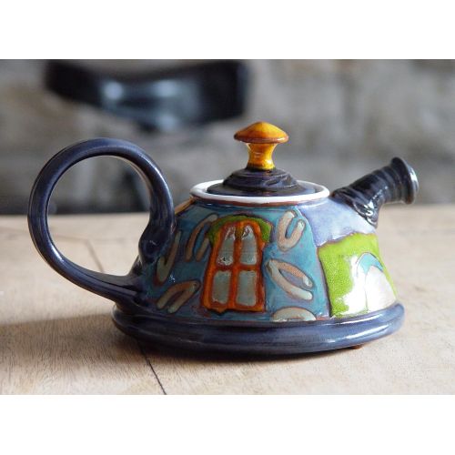  The teapot is wheel thrown on a pottery wheel, th Cute Pottery Teapot, Ceramic Kettle for One. Colorful Pottery Gift, Artisan Teapot, Danko Handmade Pottery, Birthday Gift, Hostess Clay Gift: Kitchen & Dining