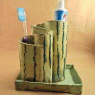 TheButlersCreations Toothbrush Holder, Ceramic Green Striped Toothbrush Holder, Handmade Pottery Bathroom Container, Pencil & Pen Holder, Makeup Brush Place