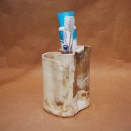 TheButlersCreations Toothbrush Holder, Pottery Makeup Brush Holder, Ceramic Pencil Holder, Handmade Organic Brown and Ivory Color, 3 Holes, Stoneware Clay