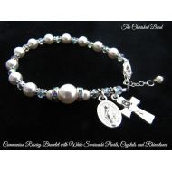 /TheCherishedBead Traditional Catholic First Communion Rosary Bracelet with Swarovski Pearls, Crystals and Rhinestones