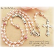 /TheCherishedBead Baby Girl Personalized Baptism Rosary with Pink Pearls, Swarovski Crystals & Porcelain Rose Beads