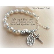 /TheCherishedBead Catholic Baby Boy Baptism Personalized Rosary Bracelet with White and Baby Blue Pearl