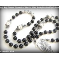 TheCherishedBead Baby Boy Baptism Black & White Pearl Guardian Angel Rosary