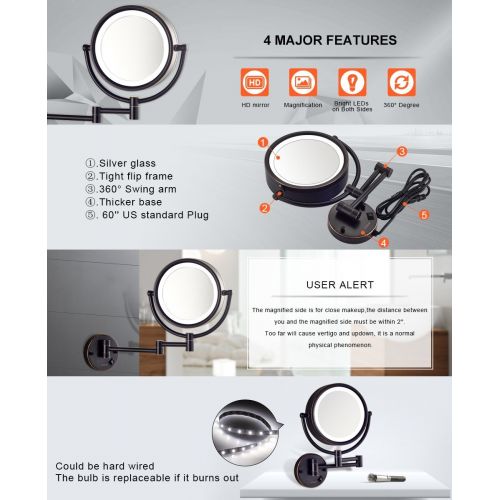  TheCoolCube 8.5Inch LED Lighted Wall Mount Makeup Mirror with 10x Magnification,Oil-Rubbed Bronze Finish (Black)