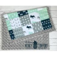 TheDesignerMinkyCo Moose Baby Blanket - Faux Patchwork - Designer Moose Minky - Grey
