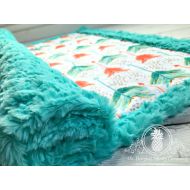 TheDesignerMinkyCo Arrow Baby Blanket - Coral and Teal Watercolor - Designer Minky - Teal