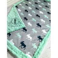 TheDesignerMinkyCo Moose Baby Blanket - Designer Minky Grey, Mint, White and Navy - Mint
