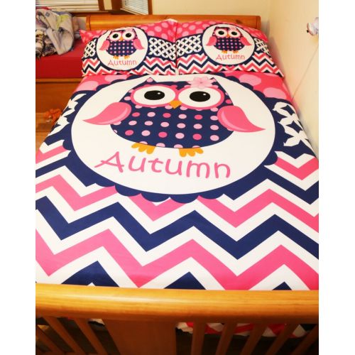  TheDreamyDaisy Personalized Owl Bedding for Kids - Preppy Owl Duvet or Comforter for Girls - Personalized Pink and Navy Duvet Set - Custom Kids Comforter