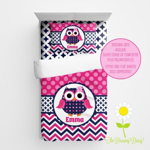  TheDreamyDaisy Personalized Owl Bedding for Kids - Preppy Owl Duvet or Comforter for Girls - Personalized Pink and Navy Duvet Set - Custom Kids Comforter